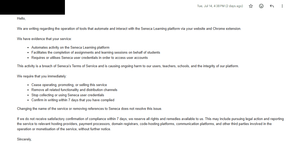 Cease and desist email from Seneca Learning